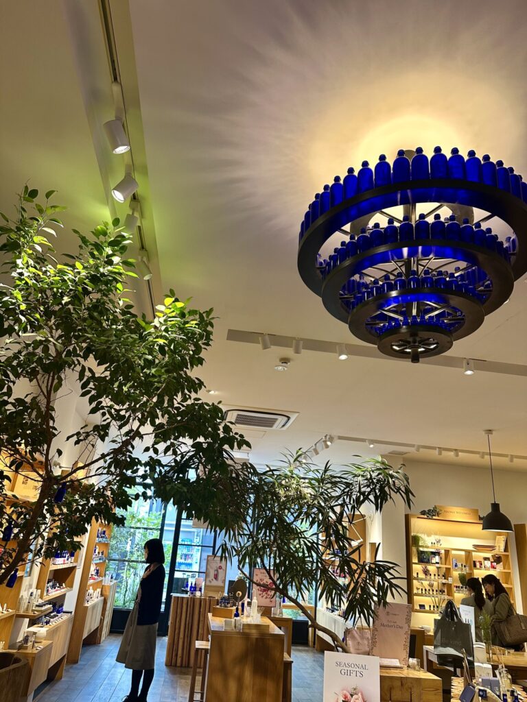 ニールズヤード表参道店の店内全景。木の温もりとグリーンに囲まれたナチュラルで落ち着く空間。