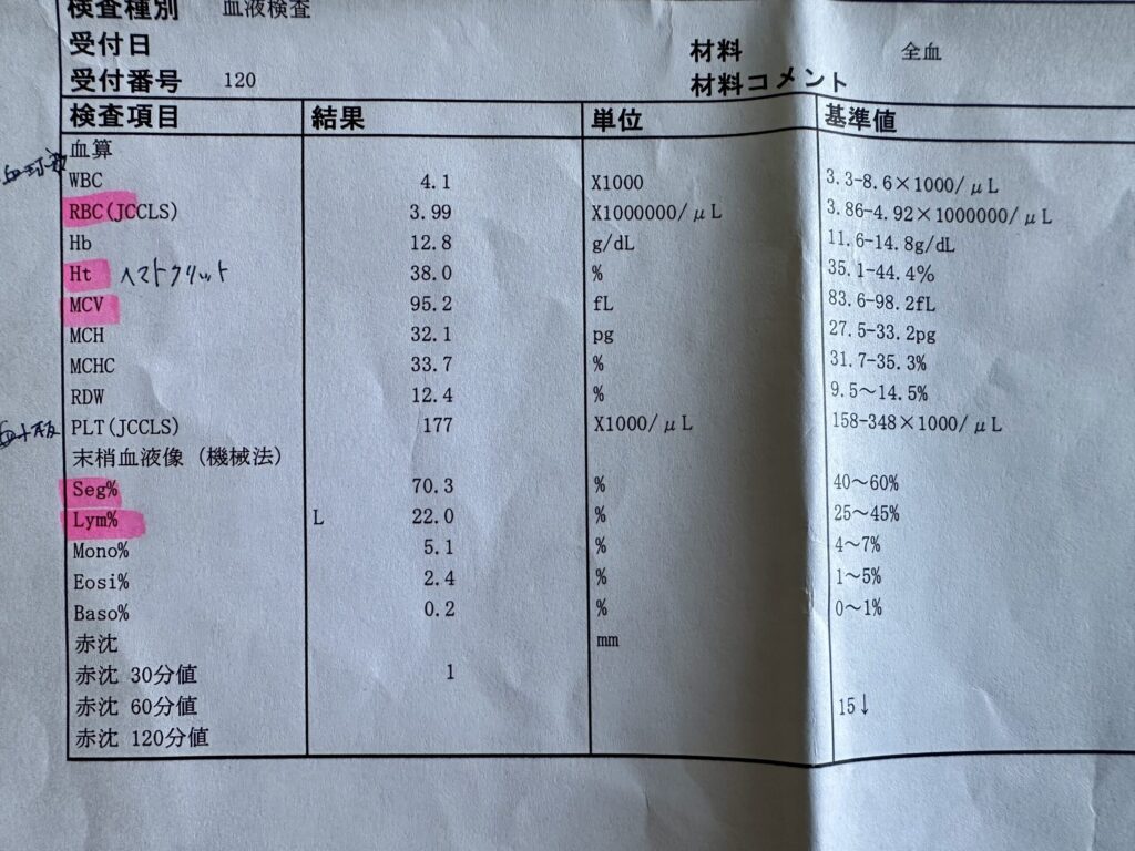 血液検査結果の拡大図。タンパク質代謝・消化力・脂質代謝に関する数値を表示。アルブミン低値、AST上昇、ALT低値、LDやアミラーゼの低下、MCV上昇、クロールや総コレステロールの変化などが見られるデータ。