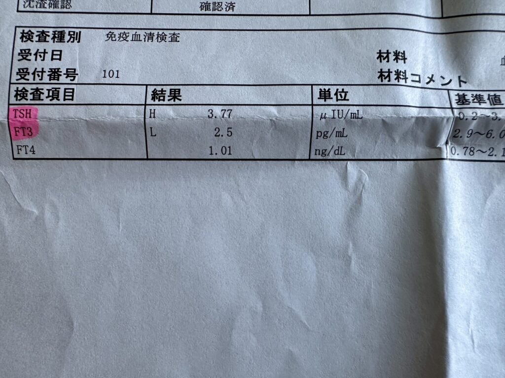 血液検査結果の拡大図。免疫機能・貧血・甲状腺機能に関する数値が記載。白血球数の低下、好中球上昇、リンパ球低下、赤血球・ヘマトクリット低値、MCV上昇、TSH上昇、FT3低値、FT4正常などが確認できる検査データ。